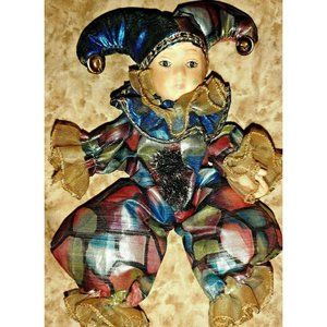 Hand Painted Porcelain Embellished Colorful Court Jester Doll Collectible As Is